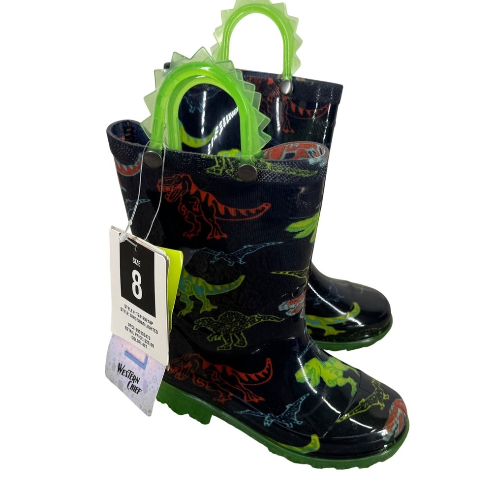 Western Chief Dino Soar Rubber Rain Boots Kid Size 8 NEW Waterproof Easy Slip On